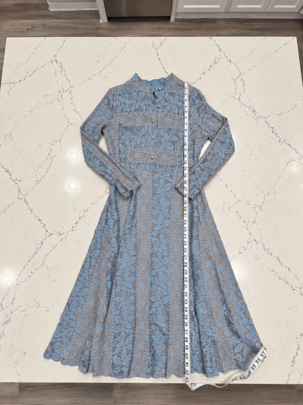 AIZHE Blue Gray Floral Lace Romantic Midi Dress Pearl Button Long Sleeve Medium - Picture 11 of 12